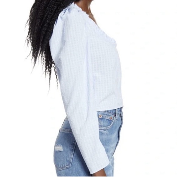 025 - TOPSHOP Light Blue Gingham
Sweetheart Neck Ruffle Puff Sleeve Crop Top 2 - Picture 10 of 12